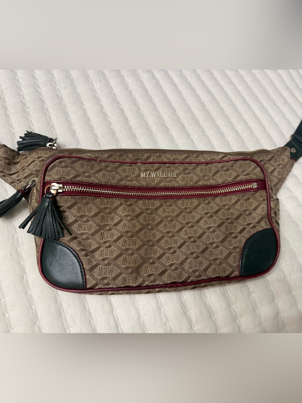 MZ Wallace Brown Signature Logo Belt Bag with Black Trim and Burgundy Piping